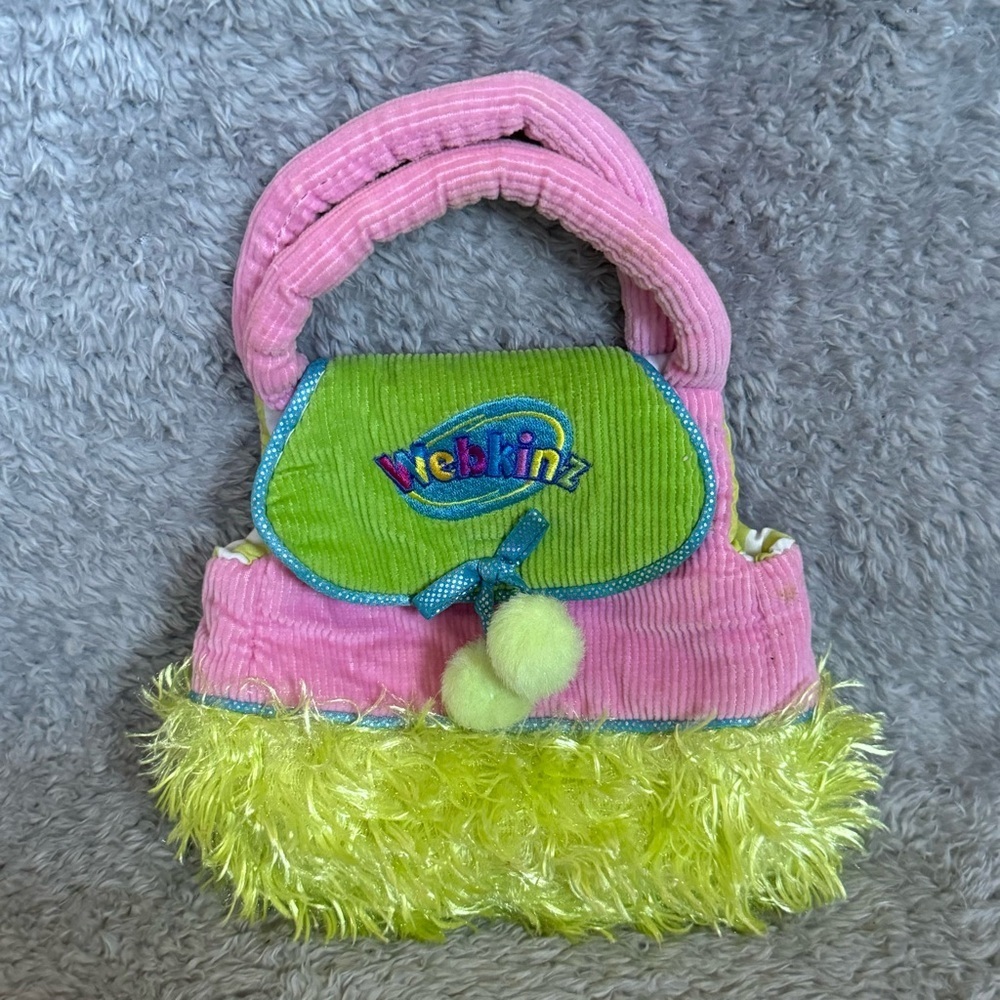 Ganz Webkinz 8” Carrier Purse Pet Bag Tote‎ Handbag Pink Green Plush Stuffed Toy